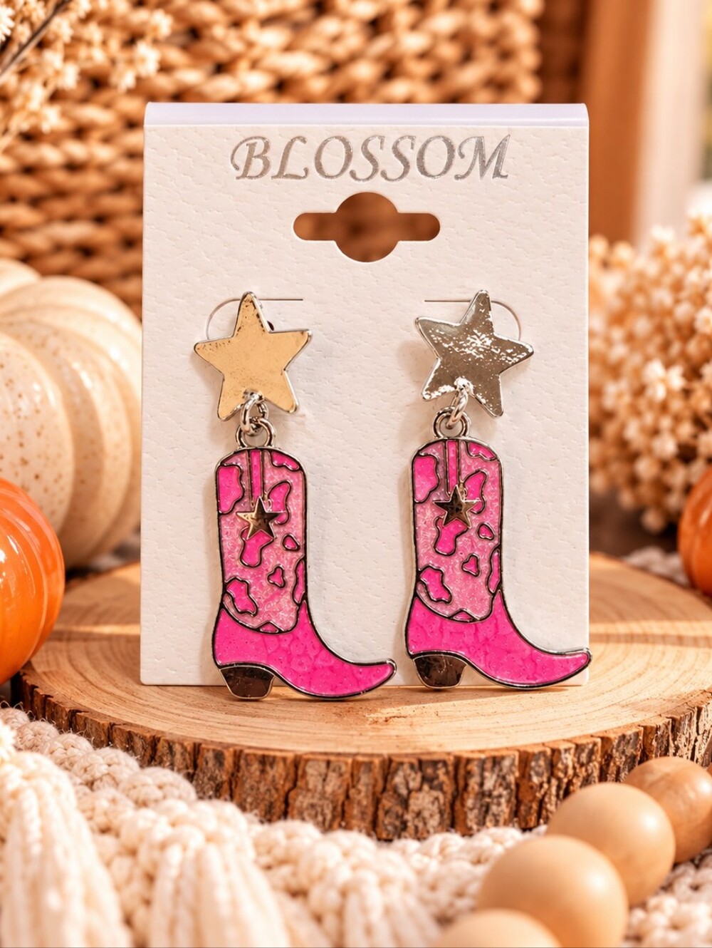 Pink Cowboy Boot Star Drop Earrings